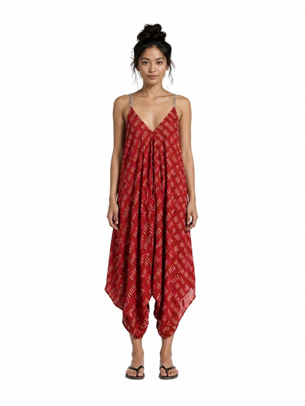 Cost Plus World Market Red and Pink Patterned V-Neck Jumpsuit